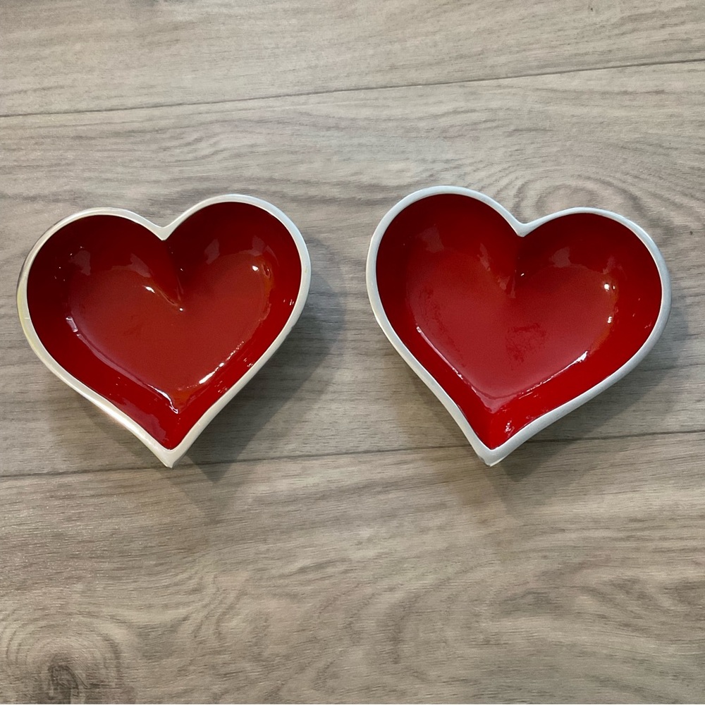 His and Her Red Heart and Silver Metal Jewelry Dish Candy Dish 2 pieces